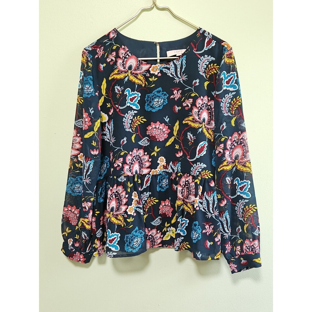 LOFT Women's M Floral Peplum Blouse TEAL Long Sleeve Boho Garden Feminine Career
